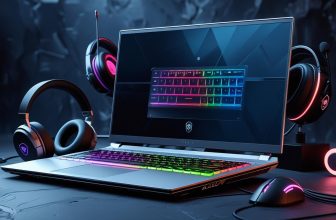 a sleek gaming laptop with a colorful rgb keyboard, surrounded by headsets and a gaming mouse, all set against a dark background.